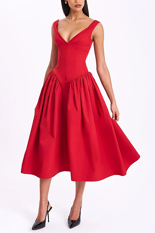 Miss Circle Nahla Drop Waist Midi Dress with Buttons in Red, Women's at Urban Outfitters | Urban Outfitters (US and RoW)
