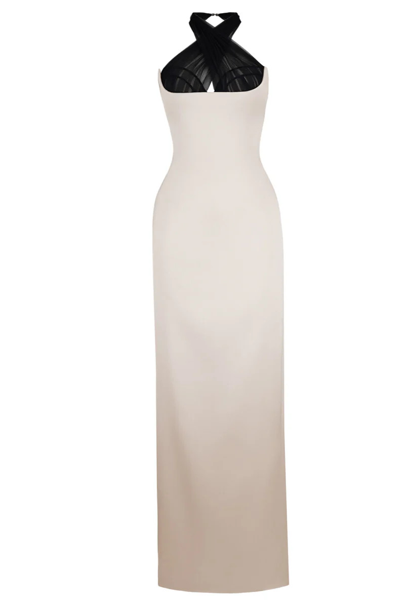 BAUTISTA SHEATH CRISS CROSS NECK SATIN FLOOR LENGTH DRESS | Maison Des Copains | CULT MIA | CULT MIA UK LTD