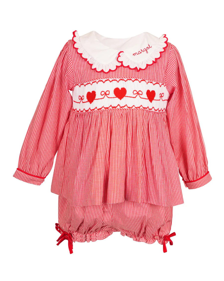 Hearts Smocked Red Gingham Bloomer Set | Smockingbird Kids