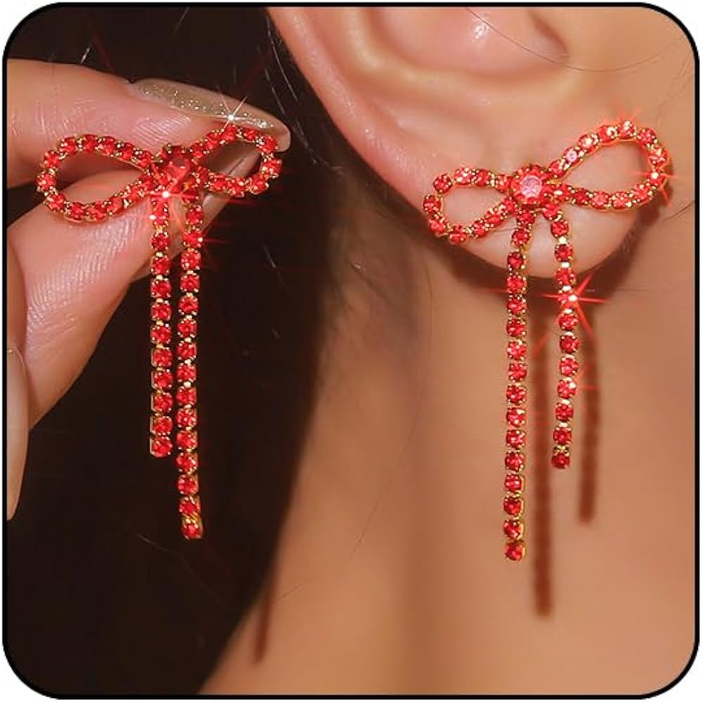 Silver Rhinestone Sparkly Dangle Earrings - Hot Pink, Purple, Blue, Black, Red - Dainty Bow Earri... | Amazon (US)