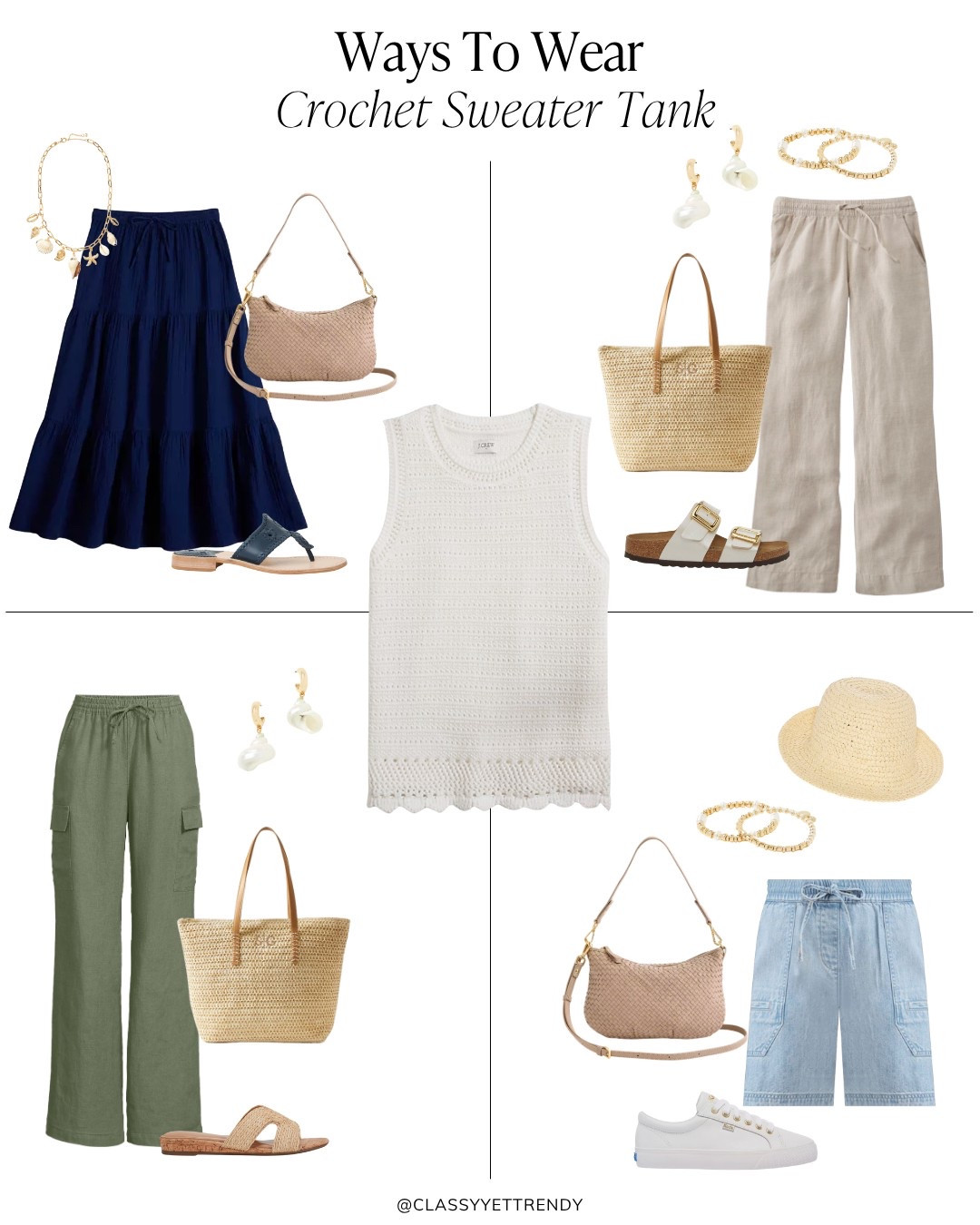 4 ways to wear a crochet sweater tank ✔️ wear these everyday casual outfits or take them with you while you travel on your summer vacation ☀️ All outfits are from The Coastal Vibes Summer 2025 Capsule Wardrobe.

J Crew Factory, coastal style, coastal outfit, beach outfit, vacation, travel, Caribbean, Amazon fashion, Amazon finds, Amazon style, Amazon favorites, summer outfit, summer ootd, summer style, summer fashion, affordable style, affordable outfit, affordable fashion, Pinterest style, Pinterest inspired, Pinterest fashion, Pinterest outfit, straw bag, linen, cotton, sandals, raffia, denim shorts, tiered skirt