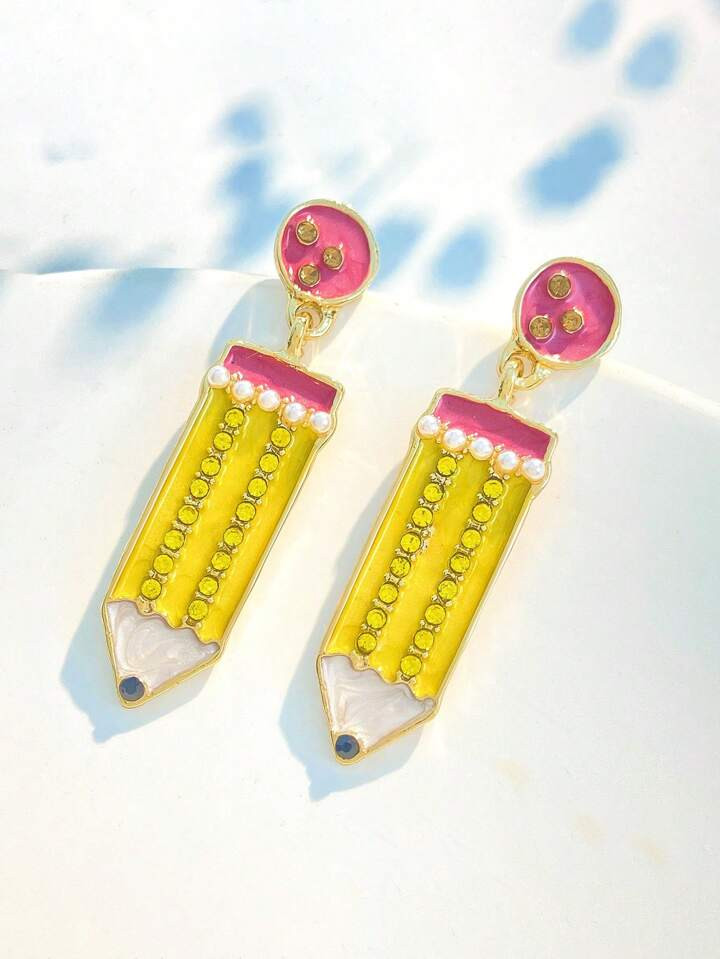1pair Cute Colorblock Oil Drop Pencil Shaped Crystal Decorated Earrings For Women, Novelty Gift | SHEIN