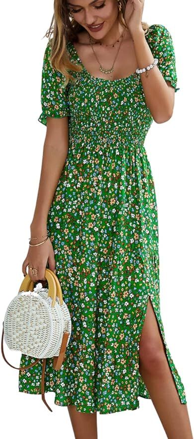 MOPOOGOSS Spring Summer Dress for Women Party 2022 Cute Square Neck Fashionable Short Sleeve Side... | Amazon (US)