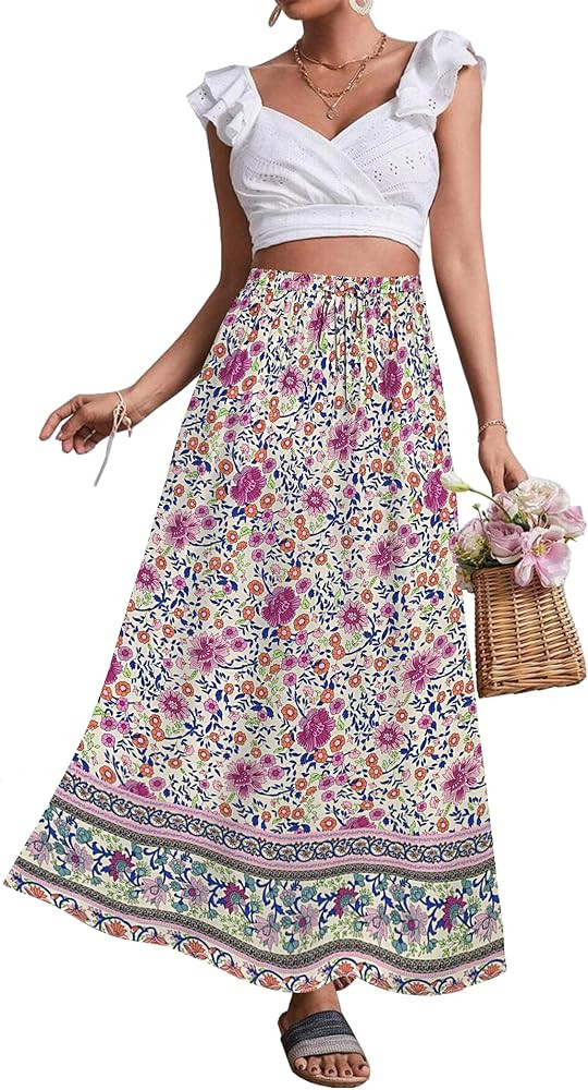 Zeagoo Women's 2024 Boho Floral Skirt Casual Elastic High Waist Maxi Skirts Flowy A Line Beach Lo... | Amazon (US)