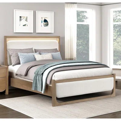 Brown Textured Upholstered Bed With Led Lighting And Queen - Sized, Wood For Bedroom Contemporary Touch Controls, Complete | Wayfair North America