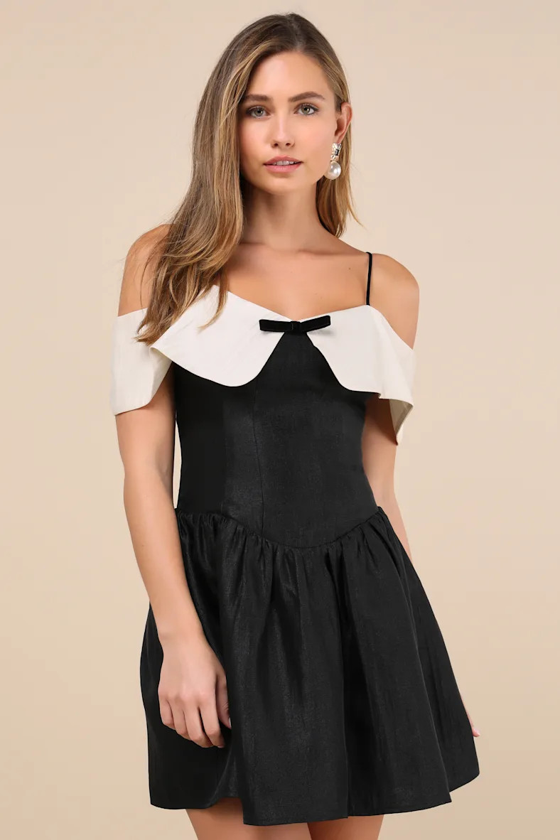 Upscale Desire Black Contrast Off-the-Shoulder Mini Dress | Lulus