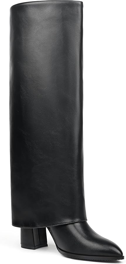 Zzheels Women's Fold Over Knee High Boots Chunky High Heels Pointy Toe Long Boots Wide Calf Zip-o... | Amazon (US)