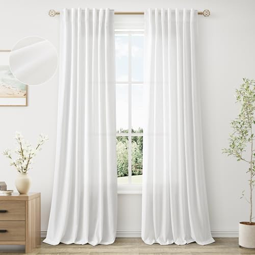 SPWIY White Linen Sheer Curtains 96 inch Length for Living Room Elegant Linen Semi Sheer Drapes French Pinch Pleated with Hooks Back Tab Boho Farmhouse Window Curtains 96 Inches Long for Bedroom 52x96 | Amazon (US)