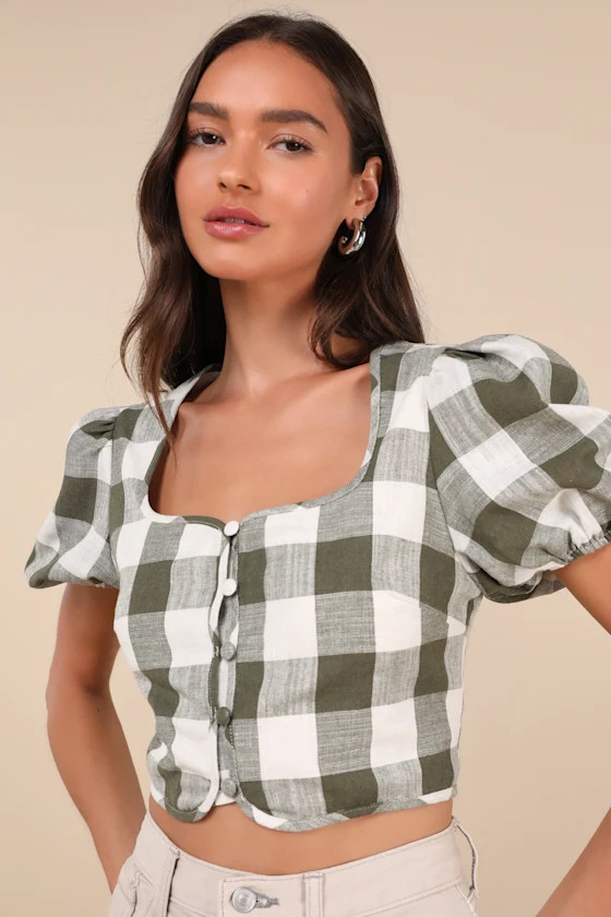 Cutest Whimsy Green Gingham Puff Sleeve Button-Front Crop Top | Lulus