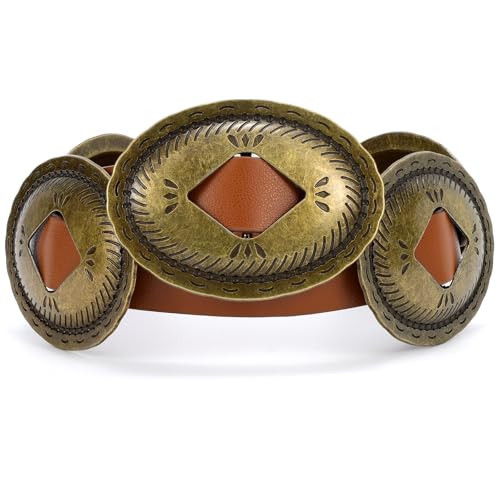 TRIWORKS Western Belts for Woman Oval Concho Belt Cowgirl Belt Boho Disc Belt Buckle for Dress Jeans Country Concert Outfit | Amazon (US)