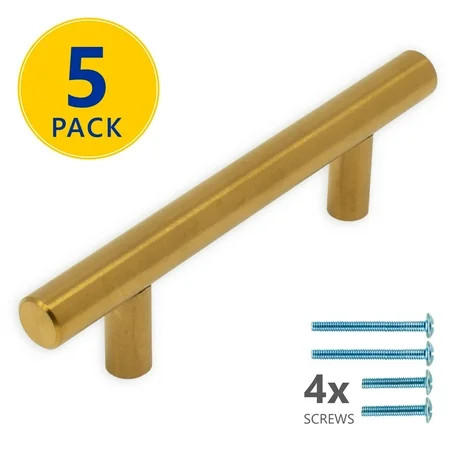 5 Pack | 5" Gold T Bar Cabinet Pulls: 3" Hole Center | Modern Euro Style Brushed Brass Finish Kit... | Walmart (US)