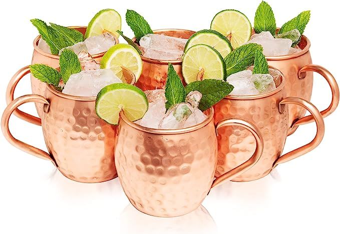 Kitchen Science Moscow Mule Copper Mugs Set of 6 (16oz) | Food Grade 100% Pure Copper Cups | Hand... | Amazon (US)