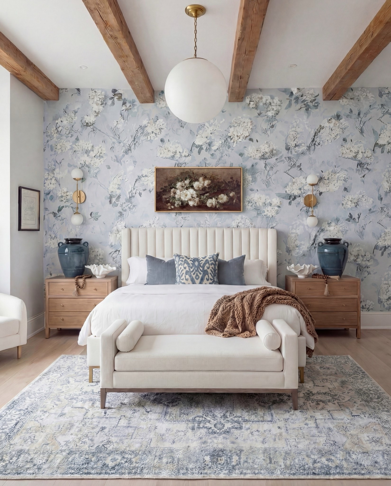 Shop the Look: Bedroom Refresh
• Blue floral wallpaper (soft watercolor style)
• Exposed wood ceiling beams
• White globe pendant light with brass chain
• Brass wall sconces with globe shades
• Upholstered bed frame (ivory fabric)
• White duvet + sheet set
• Blue patterned accent pillows
• Solid neutral throw pillows
• Wood nightstands (light oak tone)
• Blue ceramic urn-style vase
• White sculptural ceramic bowl
• Wooden bead garland with tassel
• Framed floral artwork above bed
• Upholstered bench at foot of bed (cream)
• Patterned area rug (blue and ivory tones)
• Light wood flooring
• Knit throw blanket (warm neutral)

#LTKSaleAlert #LTKHome