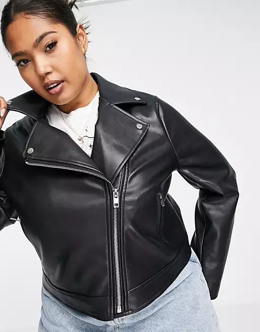 ASOS DESIGN Curve ultimate faux leather biker jacket in black | ASOS (Global)