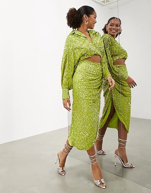 ASOS EDITION drape side sequin midi skirt in lime green | ASOS (Global)