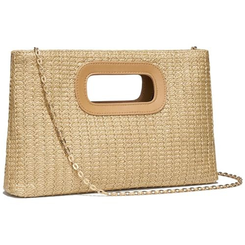 Top Handle Clutch Handbags for Women,Summer Clutch Purse with Handle、Raffia Woven Shoulder Crossbody Evening Handbag (Khaki) | Amazon (US)