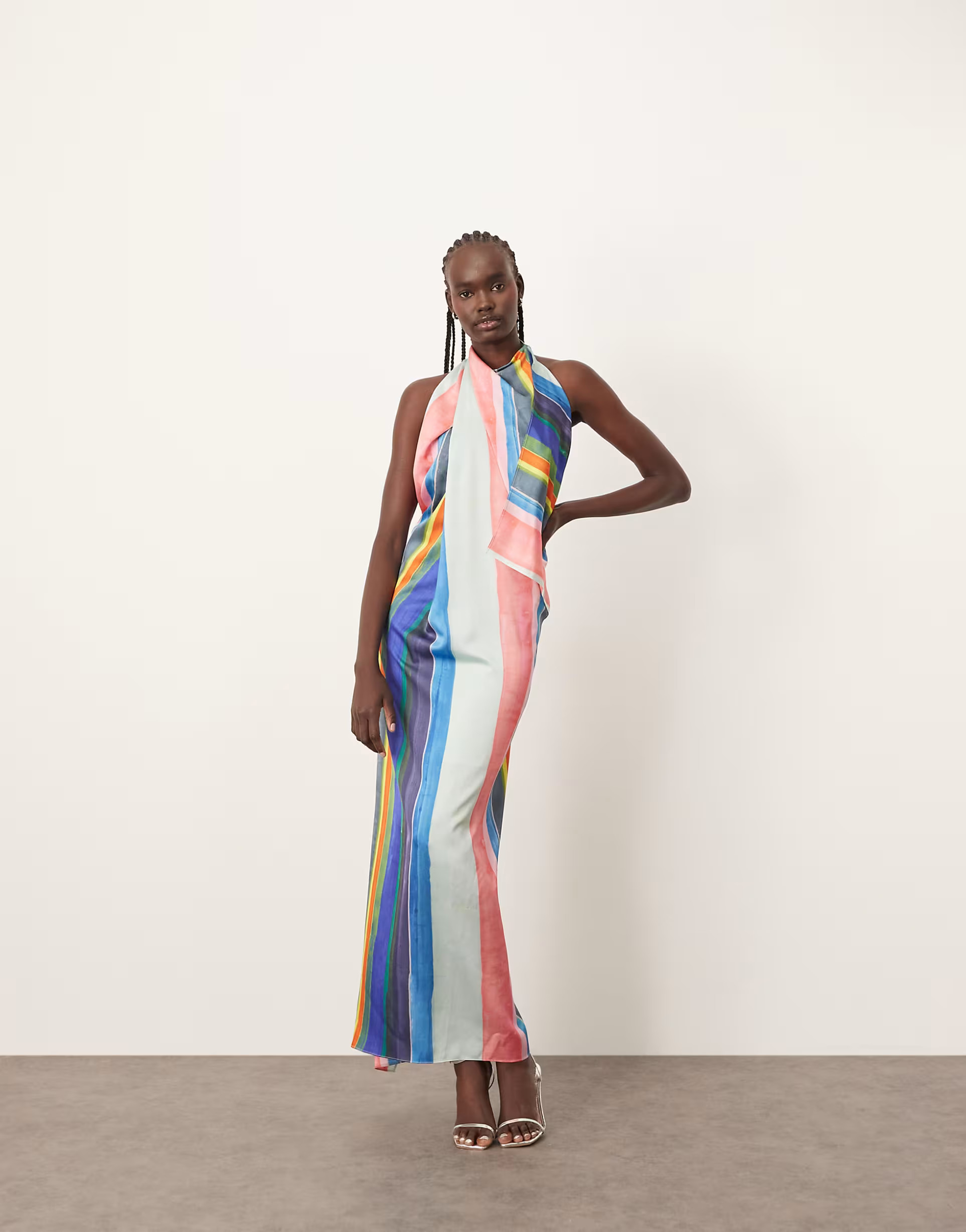 ARRANGE satin high neck drape maxi dress in painterly stripe | ASOS (Global)