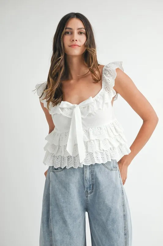 Eyelet Embroidered Front Tie Ruffle Top Off White / S | Casual Chic Boutique