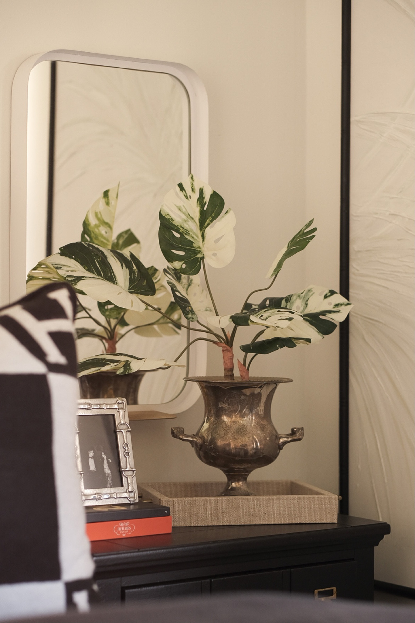 Bedroom decor 
Nighstand decor 
Black nightstand 
Faux monstera 
Target home decor 
#meandmrjones 

#LTKunder100 #LTKhome #LTKunder50