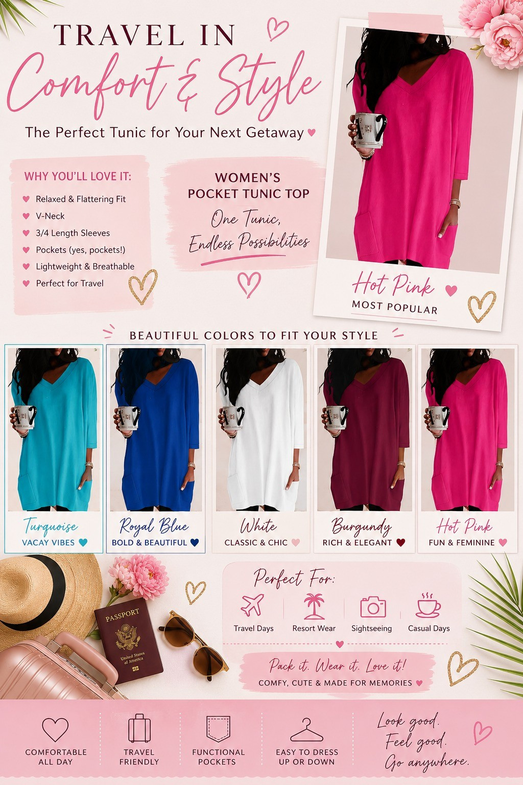 ✨ Travel days just got a whole lot cuter! ✨I'm always looking for pieces that are comfortable, flattering, and easy to style while traveling, and this pocket tunic checks every box. 💕Whether you're heading to the airport, exploring a new city, cruising the Caribbean, or enjoying a casual day out, this lightweight tunic keeps you looking stylish while feeling comfortable.My favorite color? Hot Pink, of course! 💗 But I'm also loving the turquoise, royal blue, white, and burgundy options.Which color would you choose? 👇✈️ Comfortable🩷 Travel-friendly👛 Functional pockets✨ Easy to dress up or downSaving this one for vacation, sightseeing days, and effortless everyday style!

#LTKgrwm #LTKootd #LTKTravel