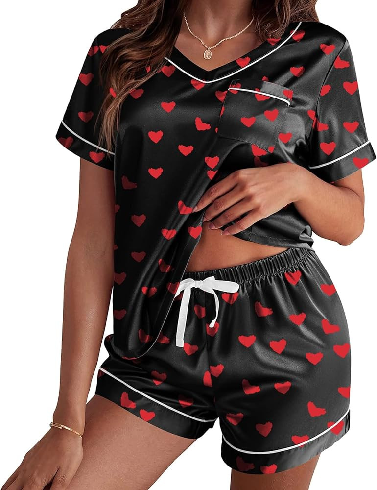 RUEWEY Women Satin Silk Pajamas Lounge Set Heart Print Short Sleeve Tops and Shorts 2 Piece Outfi... | Amazon (US)