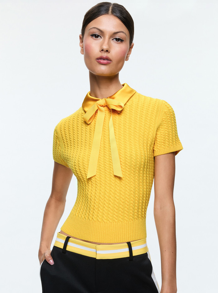 ABBOTT SHORT SLEEVE PULLOVER WITH WOVEN COLLAR | Alice + Olivia