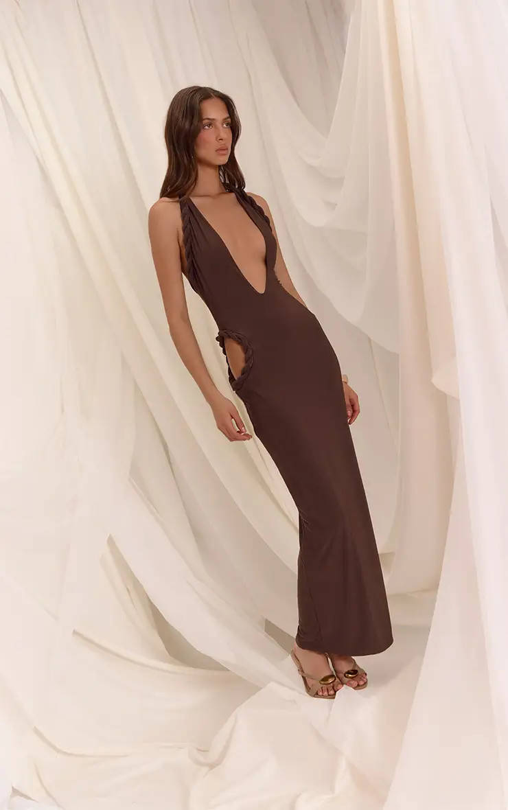 Chocolate Brown Chocolate Brown Slinky Plait Halterneck Plunge Cut Out Side Maxi Dress | PrettyLi... | PrettyLittleThing US