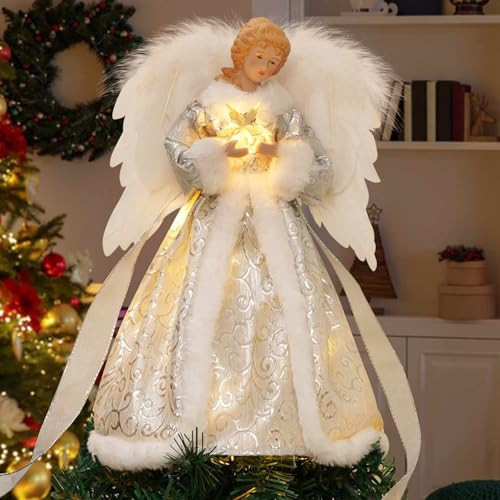 Christmas Decorations, Angel Tree Topper with Lights, 8 Modes Tree Ornament with Timer, Battery Operated Lighted Treetop Ornaments Indoor Decorations | Amazon (US)