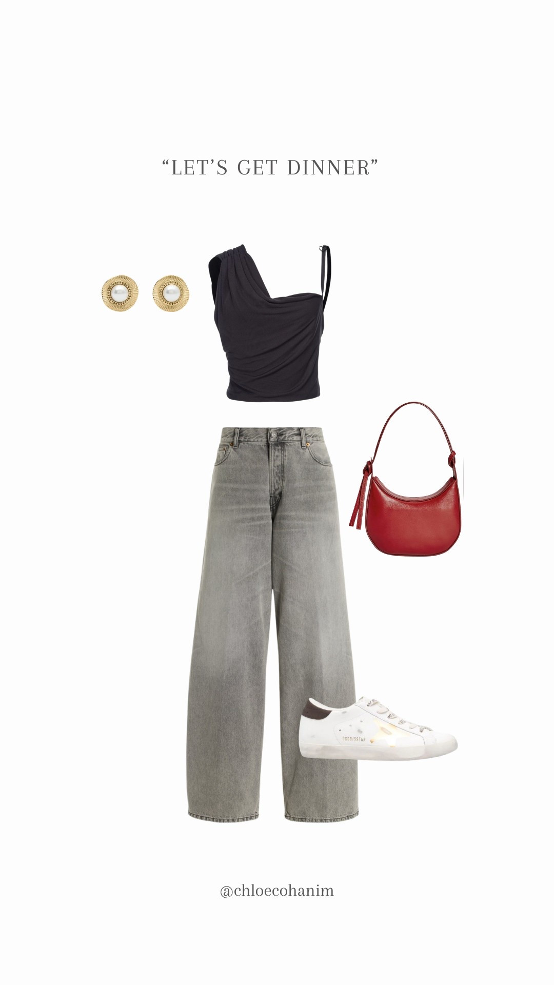 casual dinner outfit, wide leg jeans outfit, elevated basics look, black top outfit idea, red mini purse style, sneakers with dinner outfit, laid-back date night look, cool girl fashion 2025, one shoulder top outfit, simple chic outfit

#LTKStyleTip #LTKParties