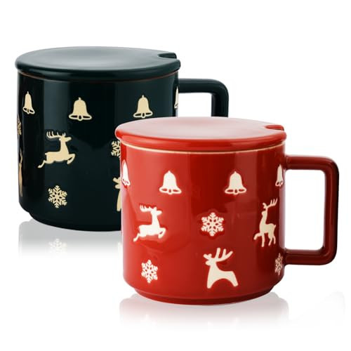 Qdetak Ceramic Christmas Mugs Set of 2 (15oz, Red & Green) with Lids & Handles, Microwave & Dishwasher Safe – Holiday Coffee Mugs for Gifts & Festive Decoration | Amazon (US)