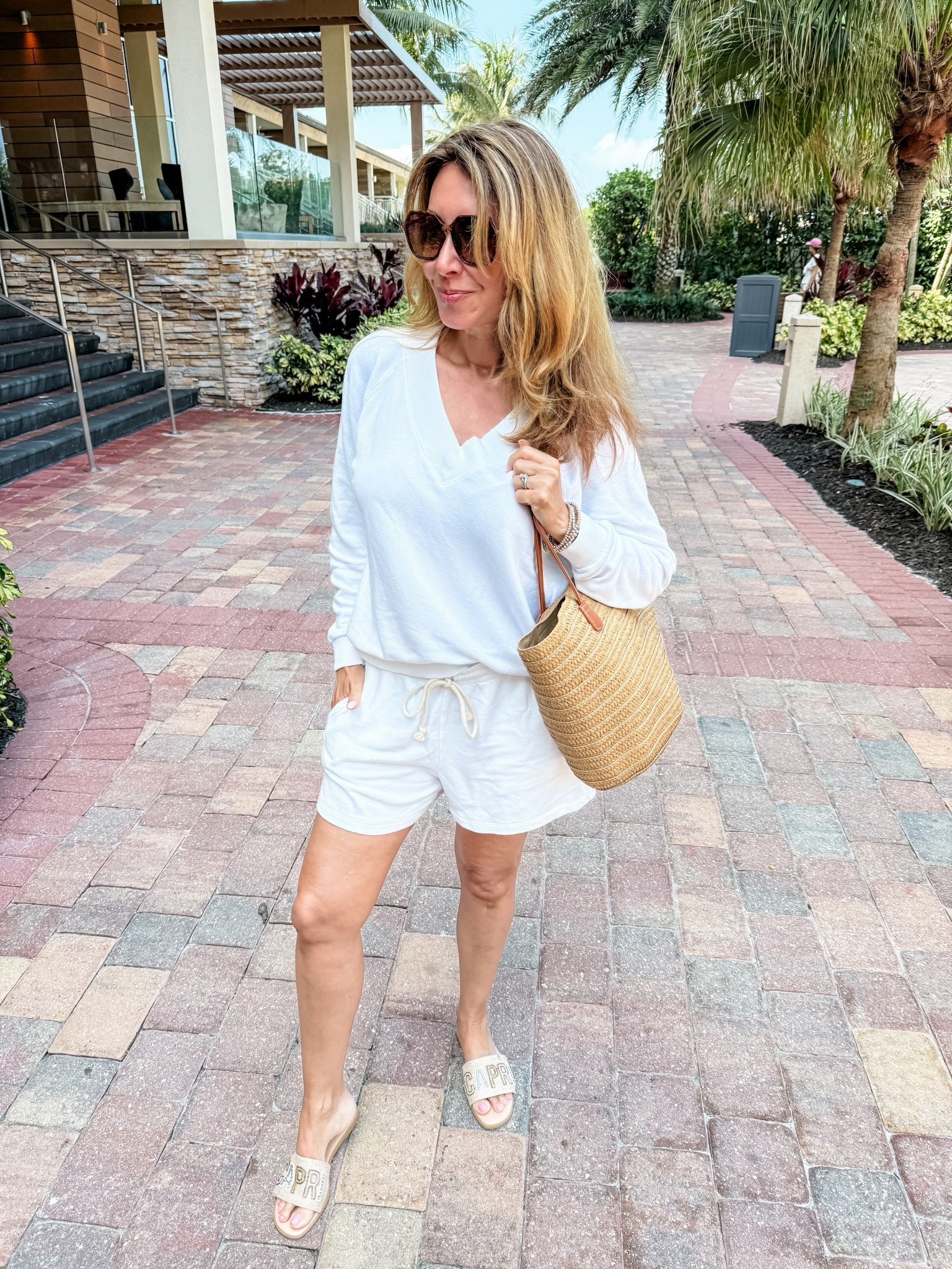 White French terry leisure V-neck light weight sweatshirt and matching shorts. 
Wearing XS. 

Resort wear, beach outfit, cover up, pool outfit. 

#LTKActive #LTKStyleTip #LTKTravel