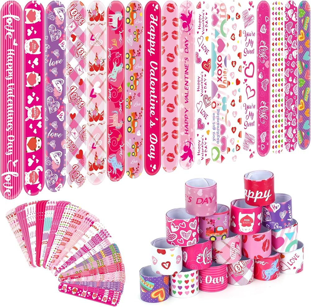 Valentine’s Day Slap Bracelets for Kids, 100 Valentine’s Day Bracelet Toys Bulk For Kids Girl... | Amazon (US)