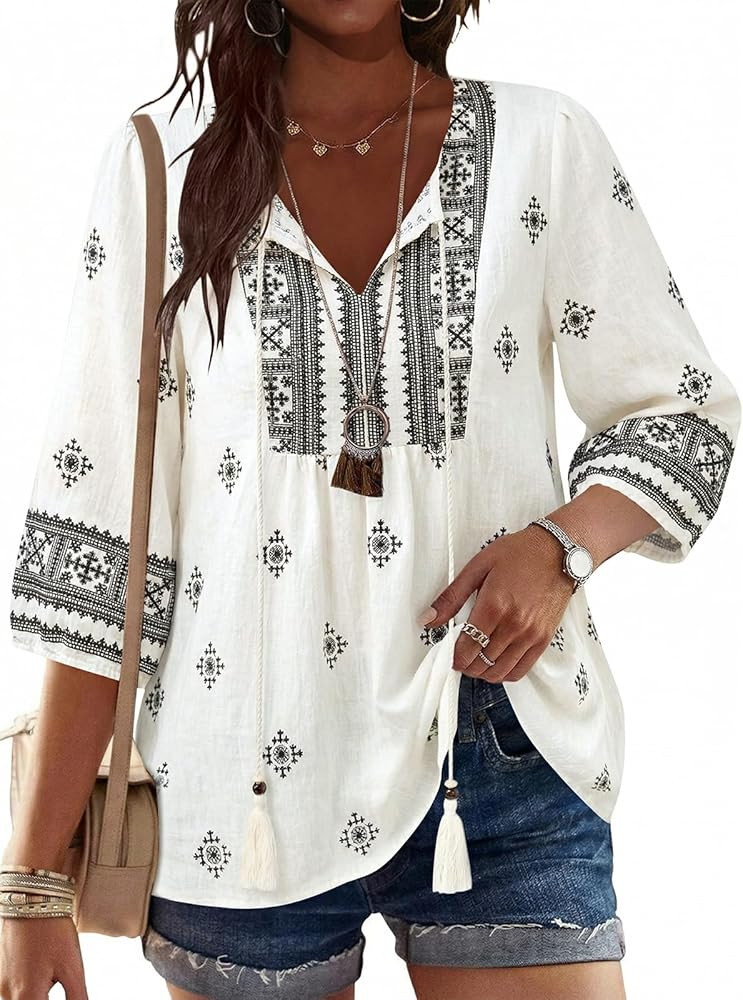 Poetsky Women's Casual 3/4 Sleeve Babydoll Tunic Tops Boho Floral Print V Neck Tie Front Summer F... | Amazon (US)