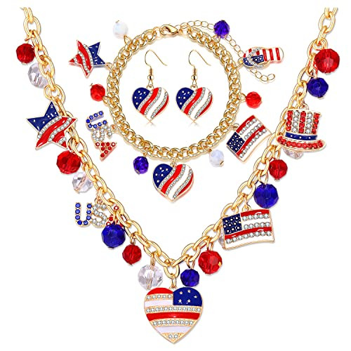 boderier 4th of July Jewelry Set American Flag Charm Choker Necklace Bracelets Heart Dangle Earri... | Amazon (US)