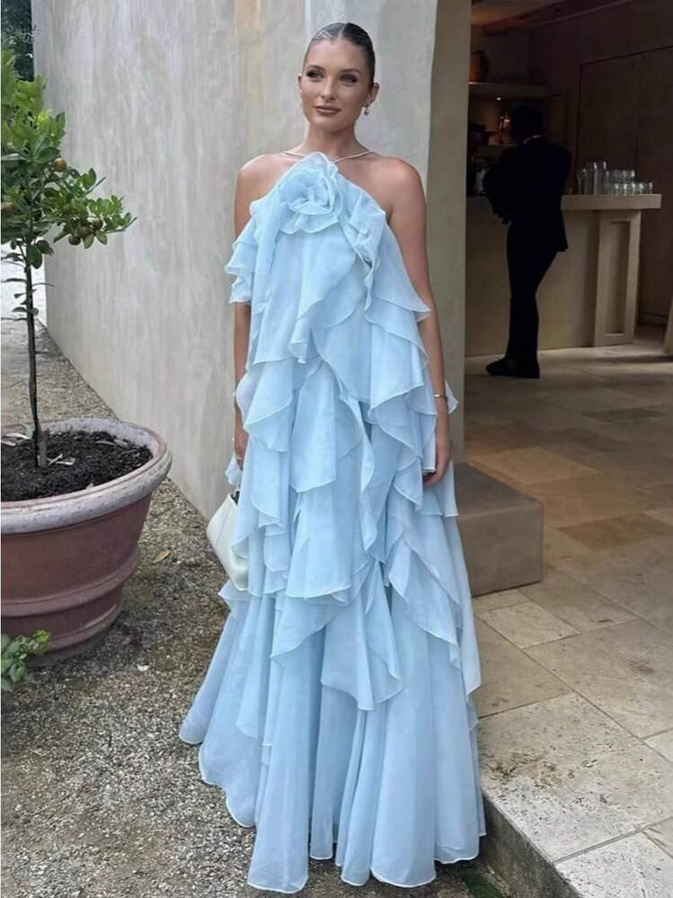 Spring And Summer 2026 Women's Fashion New Holiday Style Three-Dimensional Flower Neck Halter Ruffle Edge Dress | SHEIN