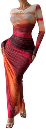 LIGHT DOT Women's Printed Bodycon Maxi Dress Long Sleeve Tie Dye Mesh Layered Dress | Amazon (US)