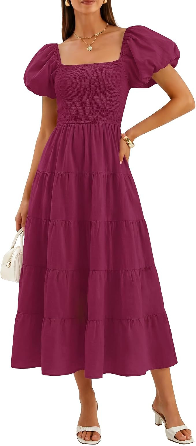 ZESICA Women Summer Puff Sleeve Boho Wedding Guest Midi Dress | High Wasit, Backless, Flowy A Lin... | Amazon (US)