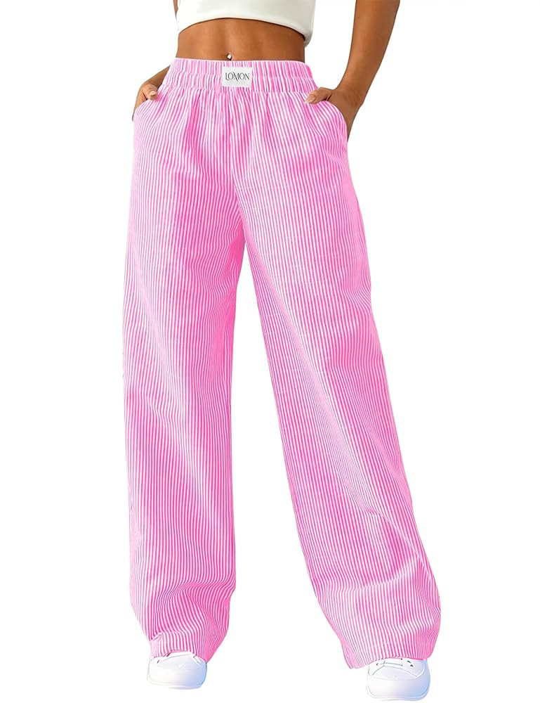 LOMON Women's Striped Gingham Boxer Pants Cotton Pajama Lounge Pj Casual Plaid Trousers Y2K Beach... | Amazon (US)