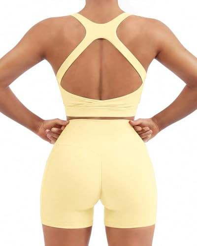 SUUKSESS Womens Workout Set High Impact Fitness Gym Backless Bra Yoga Crop Tank High Waisted Bike Short with Pockets (Pale Yellow, S) | Amazon (US)