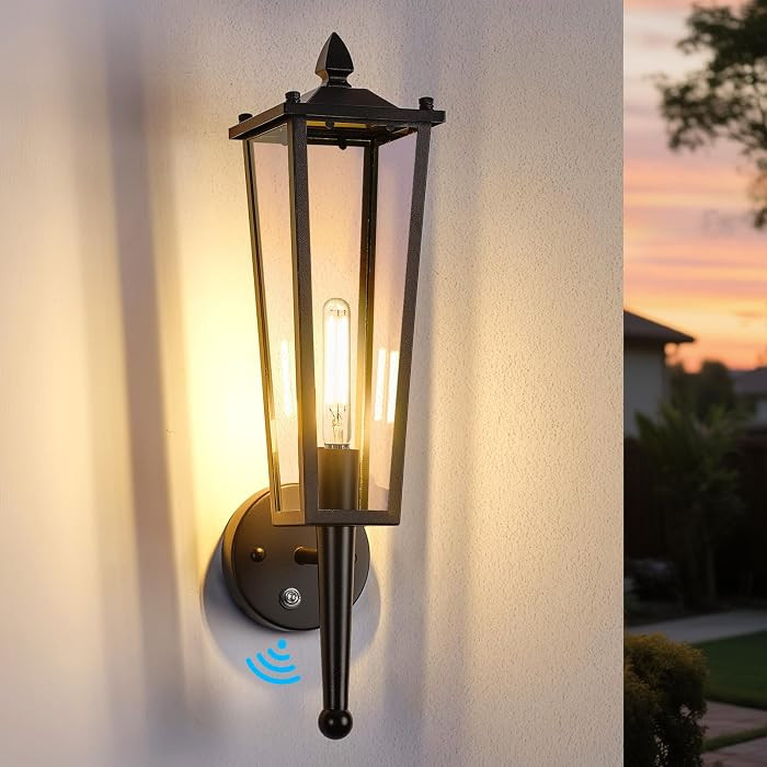 Outdoor Wall Light Fixtures, 20" Large Dusk to Dawn Front Porch Lights Waterproof with Clear Glass, Black Exterior Wall Mount Sconce Outside Lighting for Garage Porch House, OS-OD2615-1WM | Amazon (US)