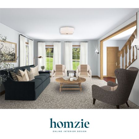 We loved designing this modern cottage living room for our virtual interior design client. This space features a deep navy sofa, ivory upholstered chairs, an oval coffee table, vintage art, and several neutral throw pillows.

Work 1:1 with a Homzie virtual interior designer for a low flat-rate and receive a custom, shoppable decorating plan! - all online.  Get started homziedesigns.com/work-with-us 

#LTKSaleAlert #LTKHome #LTKFindsUnder100