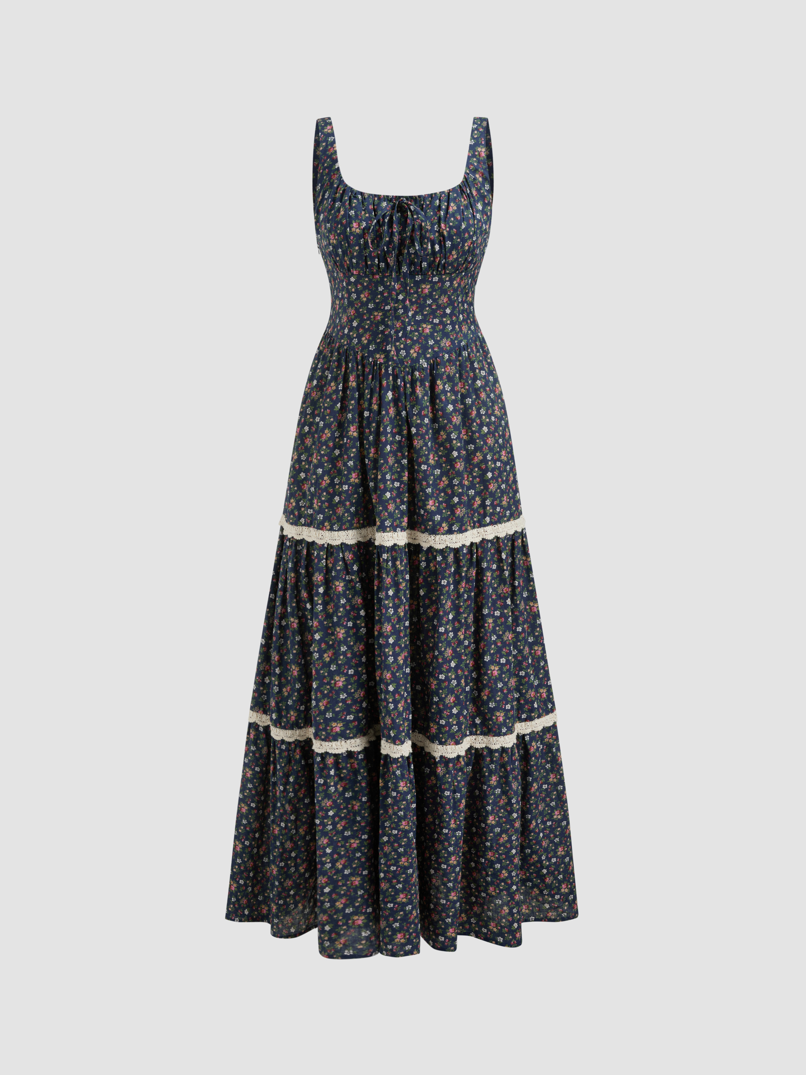 Woven 100% Cotton Scoop Neckline Floral Lace Trim Knotted Tiered Maxi Dress For Picnic Vacation | Cider