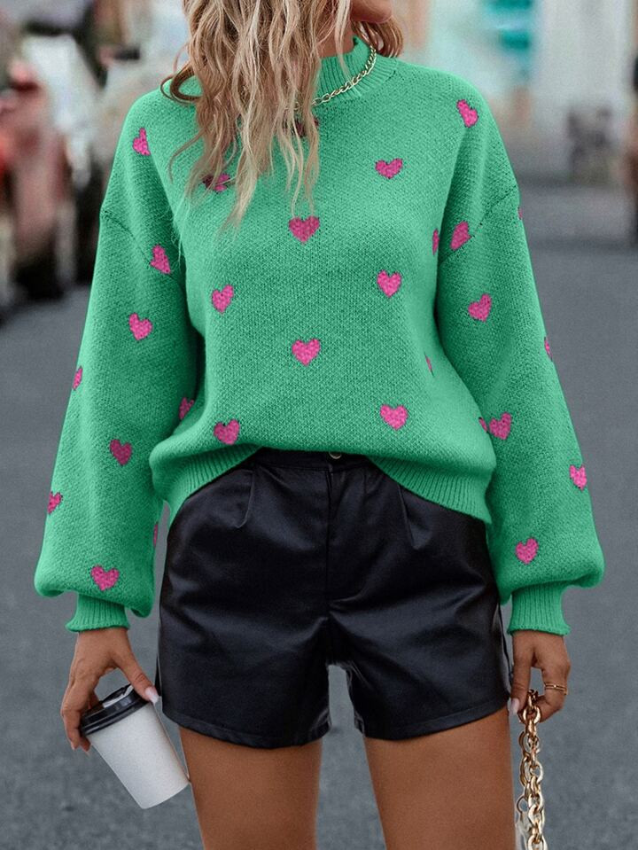 SHEIN LUNE Heart Pattern Mock Neck Drop Shoulder Sweater | SHEIN