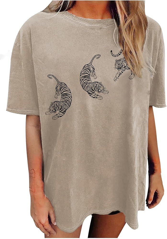 Avanova Women Tigers Graphic Oversized Tee Top Short Sleeve Loose Crewneck Summer T-Shirt | Amazon (US)