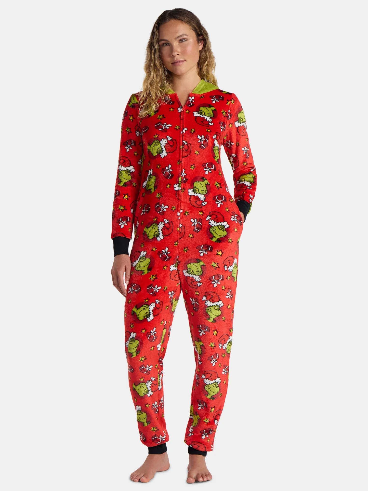 The Grinch Women’s and Women’s Plus Minky Union Suit Pajamas with Pockets, Sizes XS-3X | Walmart (US)