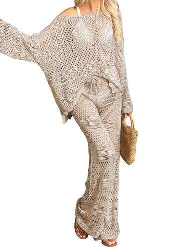 Famulily Womens Crochet Tops Y2k Clothing Cover Up Hollow Out Mesh Knit See Through 2 Piece Sets Crochet Beach Cover Up Khaki XL | Amazon (US)