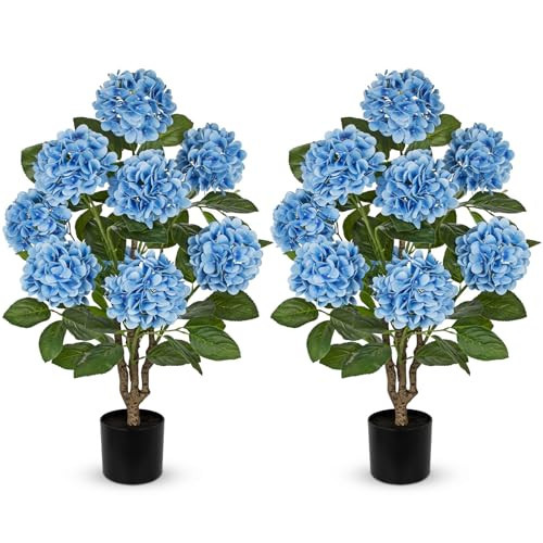 3FT Blue Hydrangea Artificial Flowers Tree 2 Pack Large Real Touch Faux Silk Hydrangea Plants Potted Fake Flower in Black Pot for Home Indoor Outdoor Front Porch Garden Entrance Living Room Decor | Amazon (US)