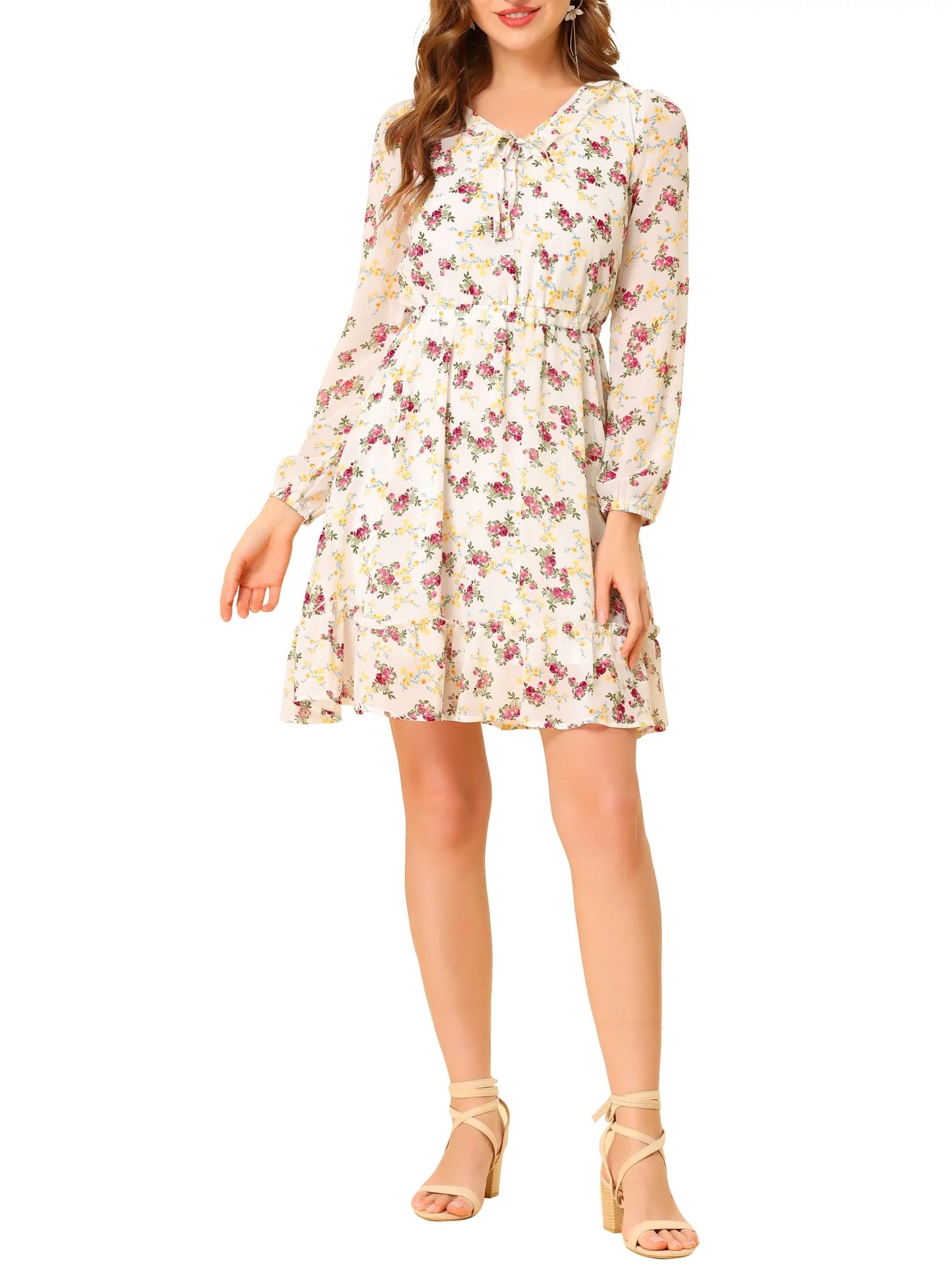 Allegra K Women's Boho Floral A-Line Long Sleeve V Neck Casual Ruffled  Mini Dress - Walmart.com | Walmart (US)