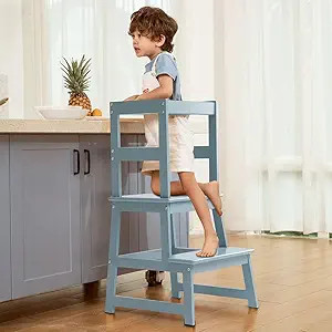 Kitchen Step Stool for Toddlers and Kids with Safety Rails for Kitchen Counter Solid Wood (Blue) | Amazon (US)