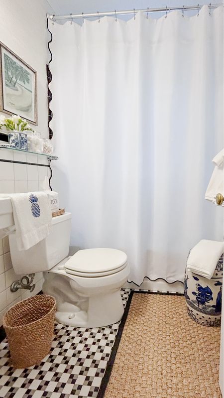 Bathroom refresh!  Peel & stick grass cloth wall paper & a scalloped shower curtain in our vintage black & white bathroom #grandmillennial #classic #traditional #coastal #serenaandlily #amazon

#LTKhome